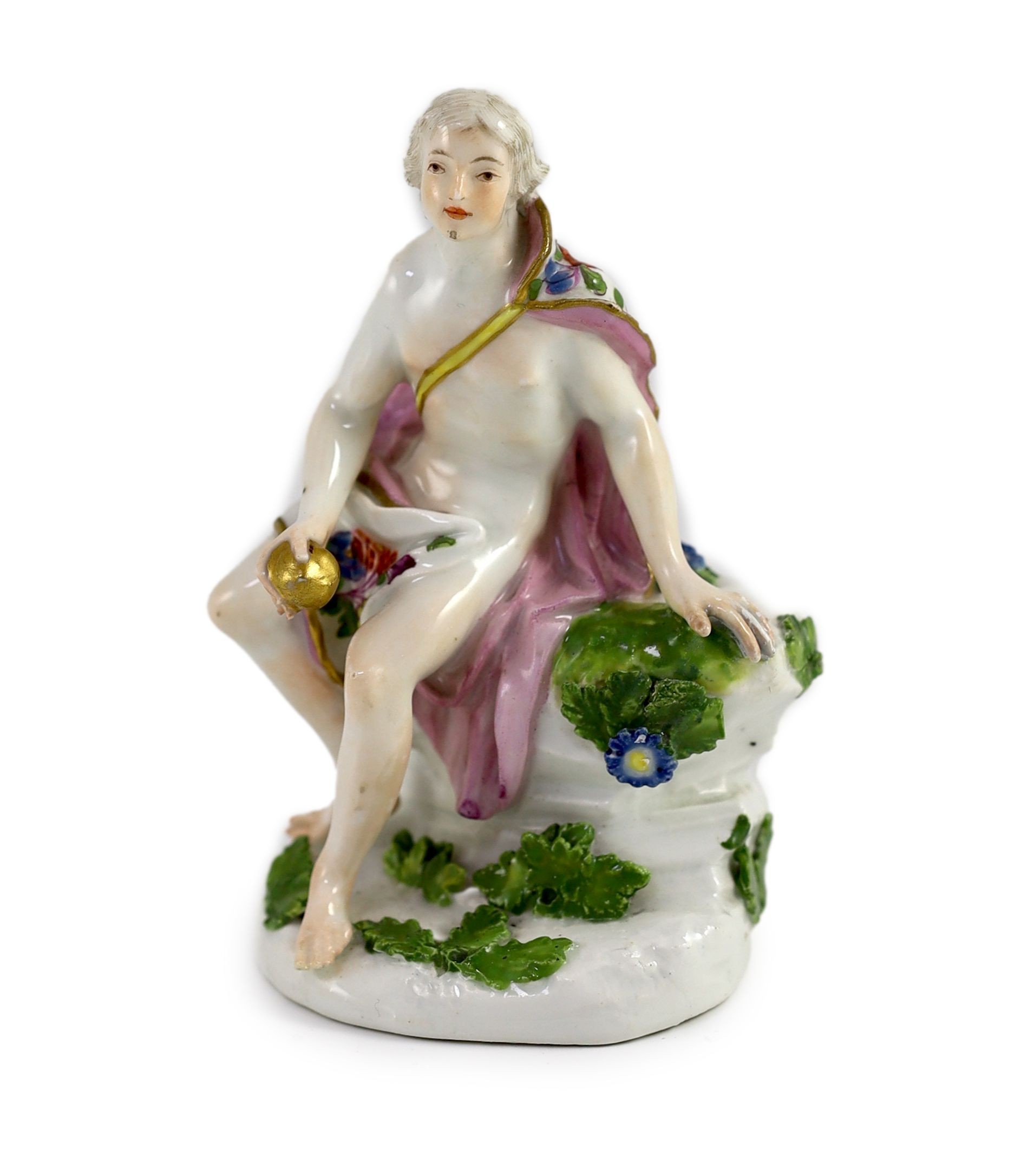 A Meissen figure of a classical male seated on rock, mid 18th century, 12cm high, some restoration